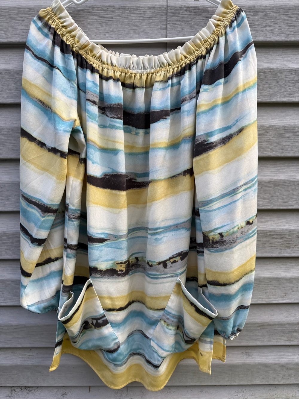 St. John | Silk Watercolor Stripe Off the Shoulder Tunic Blouse size Medium